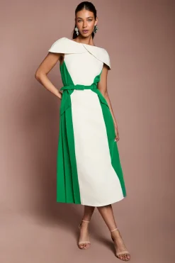 Robe Midi En Crêpe À Blocs De Couleur Et Encolure Bardot