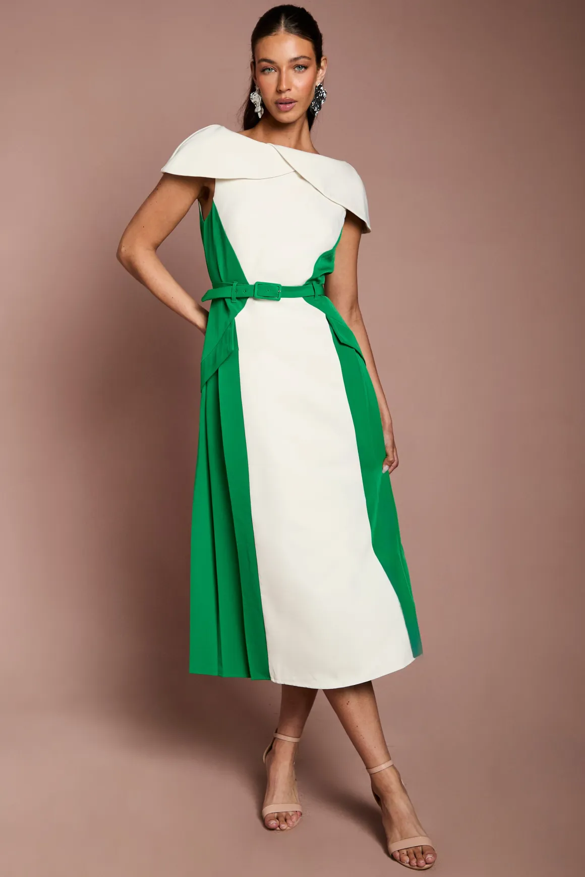 Robe Midi En Crêpe À Blocs De Couleur Et Encolure Bardot