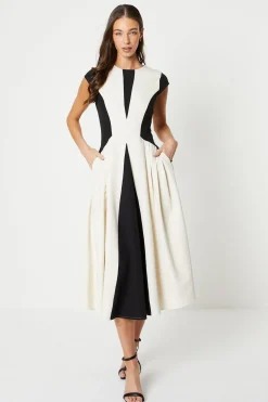 Robe Midi en Crêpe à Blocs de Couleurs