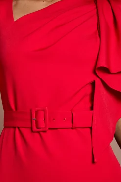 Robe Midi En Crêpe Ceinturée À Manches Courtes Et Encolure Asymétrique