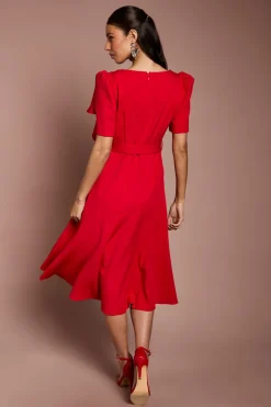 Robe Midi En Crêpe Ceinturée À Manches Courtes Et Encolure Asymétrique