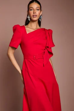 Robe Midi En Crêpe Ceinturée À Manches Courtes Et Encolure Asymétrique