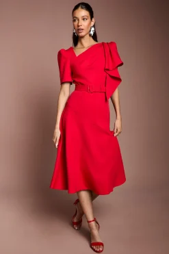 Robe Midi En Crêpe Ceinturée À Manches Courtes Et Encolure Asymétrique