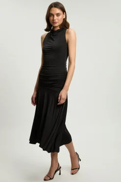KarenMillen Robe Midi En Crêpe Fluide Stretch Avec Fronces Et Ourlet Mouchoir Asymétrique<Femme Robes Mi-Longues|Robes