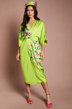 Robe Midi En Crêpe Imprimée Kimono Lisa Beige