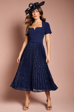 Robe Midi en Crêpe à Manches Courtes avec Jupe Plissée en Dentelle