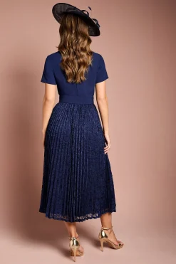Robe Midi en Crêpe à Manches Courtes avec Jupe Plissée en Dentelle
