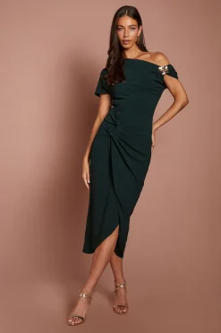 Robe Midi En Crêpe Épaules Dénudées Avec Jupe Portefeuille