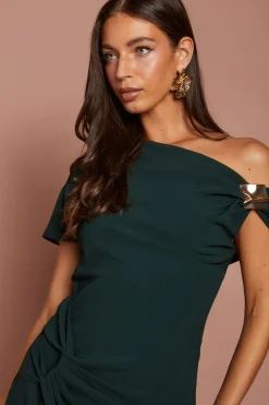 Robe Midi En Crêpe Épaules Dénudées Avec Jupe Portefeuille