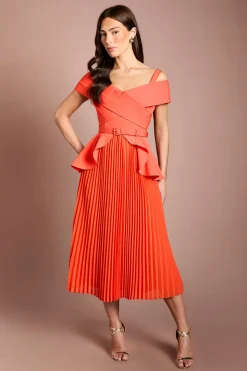 Robe Midi En Crêpe Plissée À Encolure Bardot
