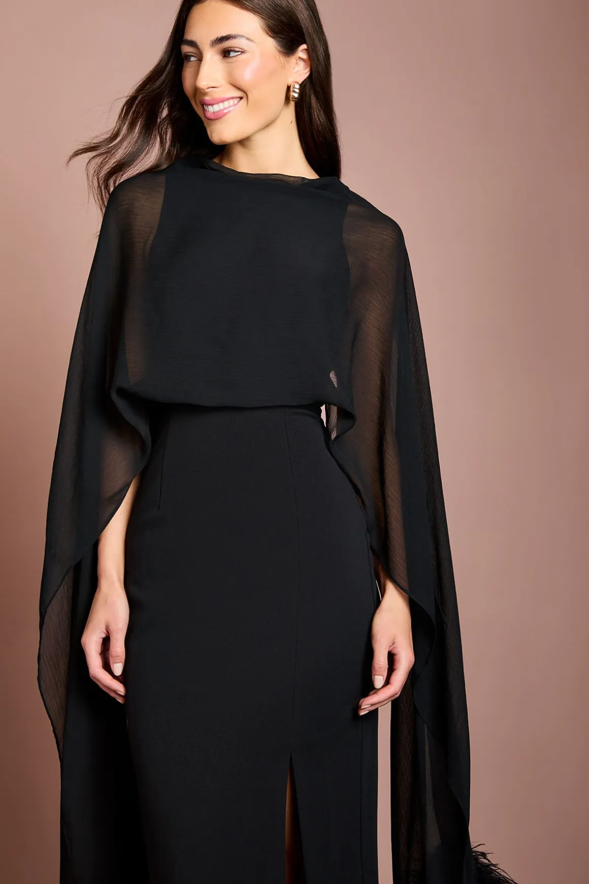 Robe Midi En Crêpe Stretch Avec Écharpe En Plumes Mousseline