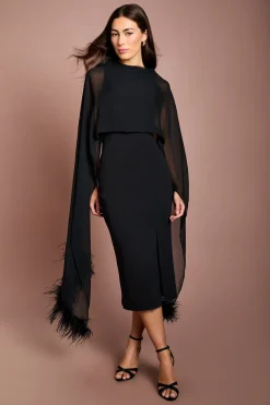Robe Midi En Crêpe Stretch Avec Écharpe En Plumes Mousseline
