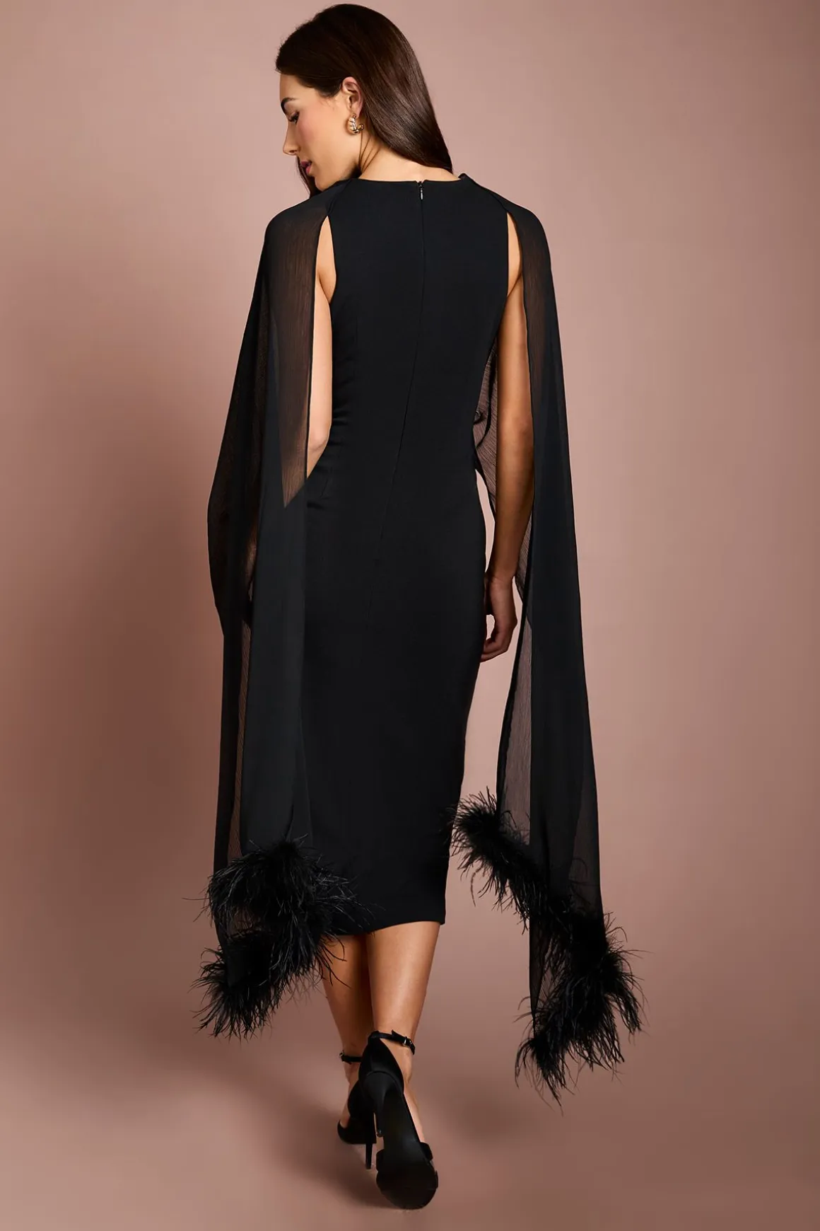 Robe Midi En Crêpe Stretch Avec Écharpe En Plumes Mousseline