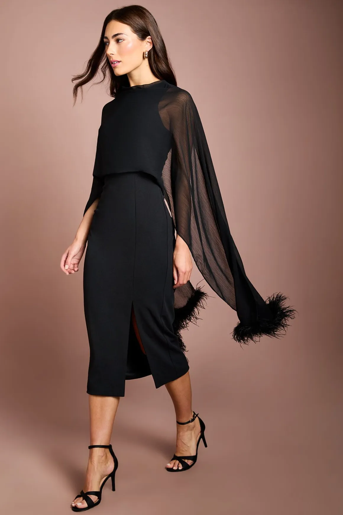 Robe Midi En Crêpe Stretch Avec Écharpe En Plumes Mousseline