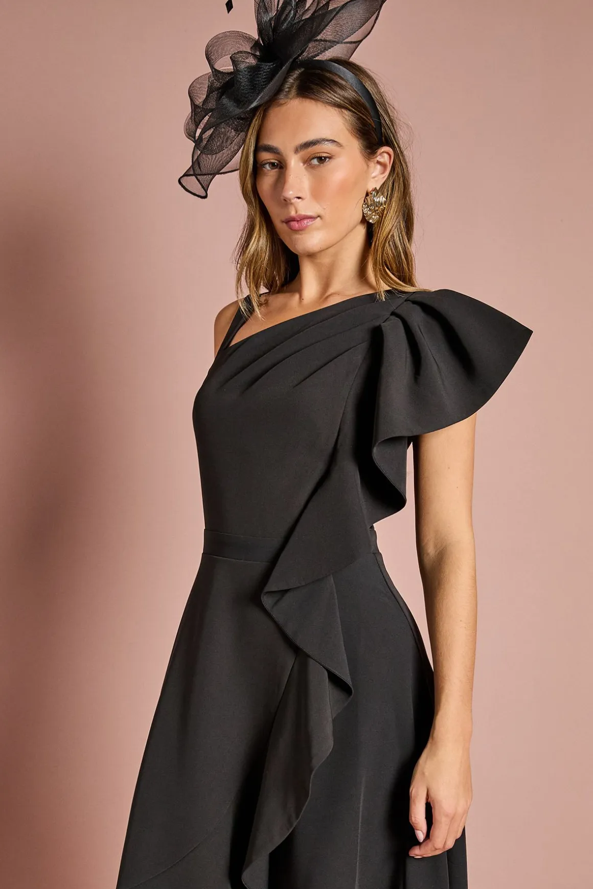 Robe Midi en Crêpe à Volant Asymétrique
