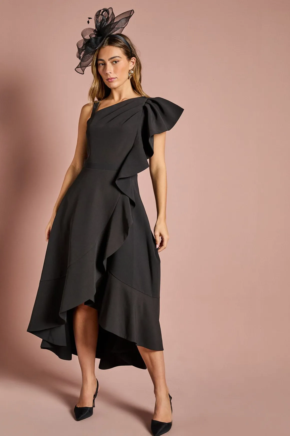 Robe Midi en Crêpe à Volant Asymétrique