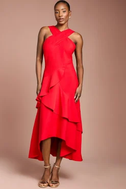 Robe Midi En Crêpe À Volants Et Encolure Croisée