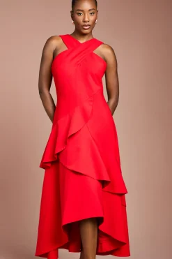 Robe Midi En Crêpe À Volants Et Encolure Croisée