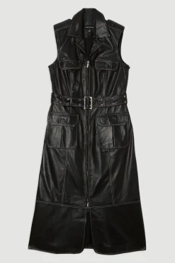 Robe midi en cuir à surpiqûres contrastées et ceinture sans manches