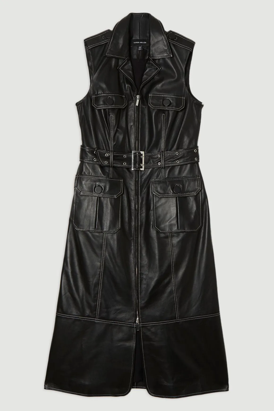 Robe midi en cuir à surpiqûres contrastées et ceinture sans manches