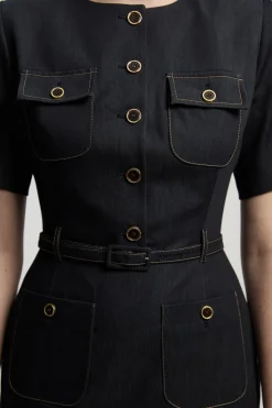 KarenMillen Robe Midi en Denim Ajustée avec Ceinture<Femme Tailleurs|Denim
