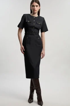 KarenMillen Robe Midi en Denim Ajustée avec Ceinture<Femme Tailleurs|Denim