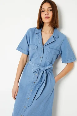 Robe Midi en Denim avec Ceinture et Boutonnage