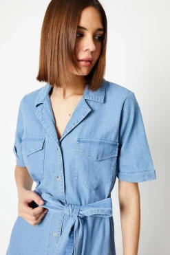 Robe Midi en Denim avec Ceinture et Boutonnage