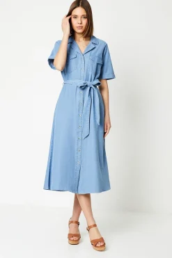 Robe Midi en Denim avec Ceinture et Boutonnage