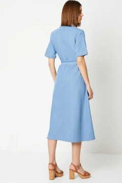Robe Midi en Denim avec Ceinture et Boutonnage