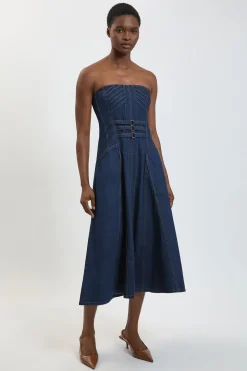Robe Midi En Denim À Bustier Avec Détail Corset