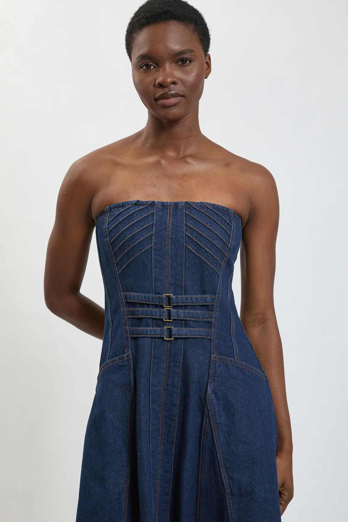 Robe Midi En Denim À Bustier Avec Détail Corset