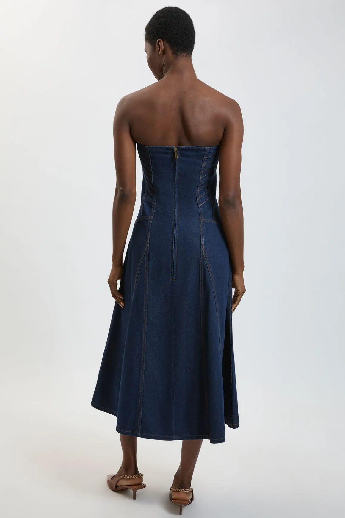 Robe Midi En Denim À Bustier Avec Détail Corset