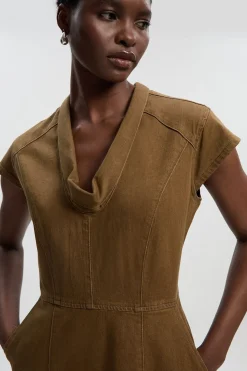Robe Midi en Denim à Col Drapé