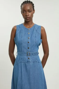 Robe Midi En Denim À Encolure Américaine Avec Découpes