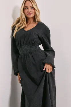 Robe Midi en Denim à Manches Longues avec Taille Froncée