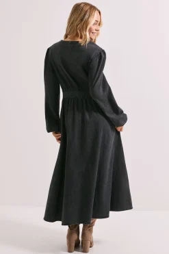 Robe Midi en Denim à Manches Longues avec Taille Froncée
