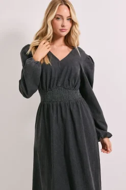 Robe Midi en Denim à Manches Longues avec Taille Froncée