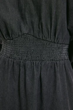 Robe Midi en Denim à Manches Longues avec Taille Froncée