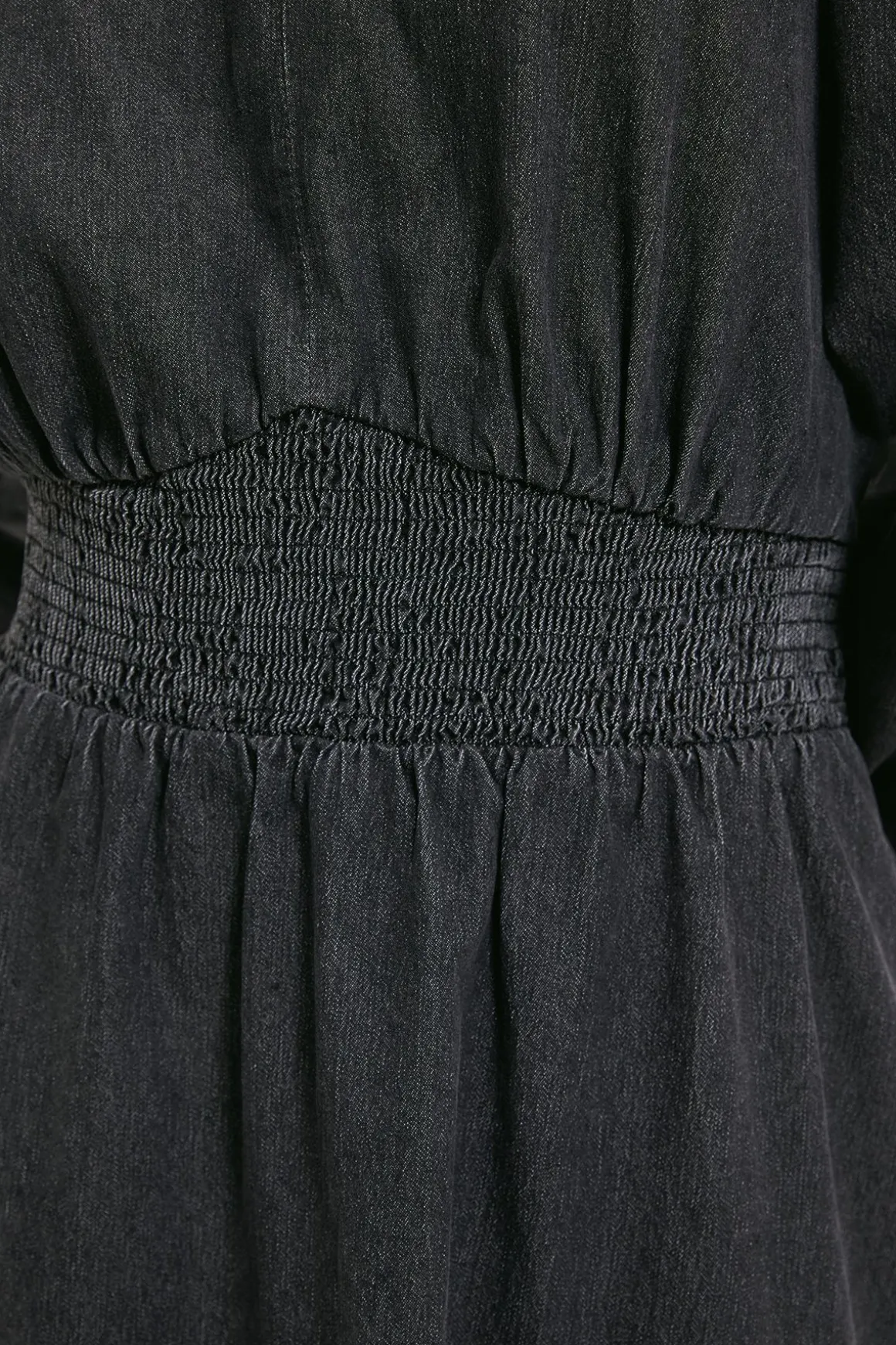 Robe Midi en Denim à Manches Longues avec Taille Froncée