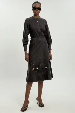 KarenMillen Robe Midi En Denim À Manches Longues Avec Découpes<Femme Denim|Robes Mi-Longues
