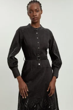 KarenMillen Robe Midi En Denim À Manches Longues Avec Découpes<Femme Denim|Robes Mi-Longues