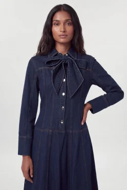 Robe Midi En Denim À Nœud Lavallière Et Boutonnage