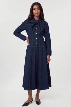 Robe Midi En Denim À Nœud Lavallière Et Boutonnage