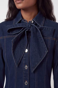 Robe Midi En Denim À Nœud Lavallière Et Boutonnage
