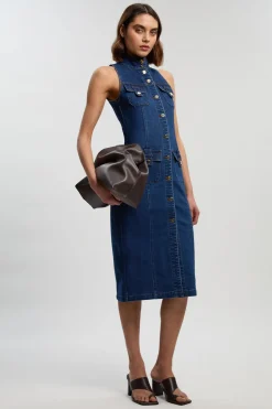 Robe Midi En Denim Sans Manches Avec Détails Boutons Petite Taille