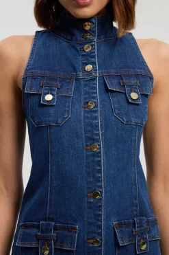 Robe Midi En Denim Sans Manches Avec Détails Boutonnés