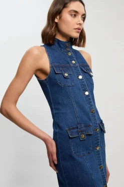 Robe Midi En Denim Sans Manches Avec Détails Boutonnés