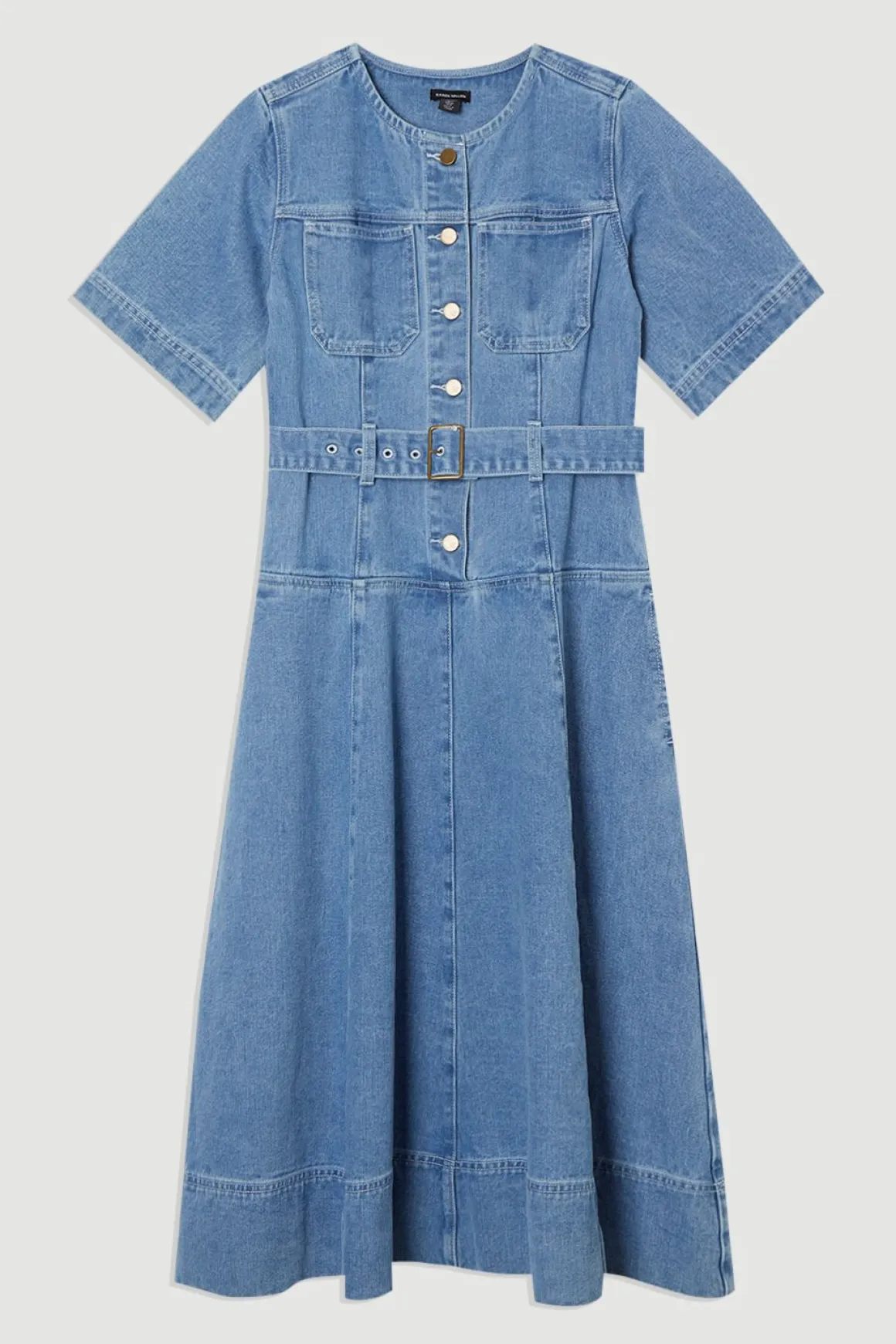 Robe midi en denim soft wash à manches courtes ceinturée