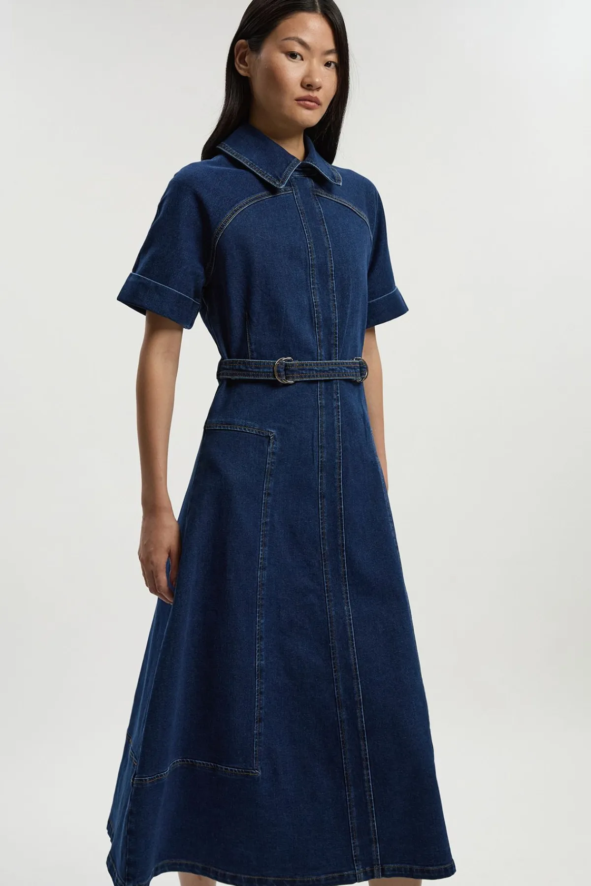 KarenMillen Robe Midi en Denim Stretch avec Détail Ceinture à Patte<Femme Denim|Robes Mi-Longues